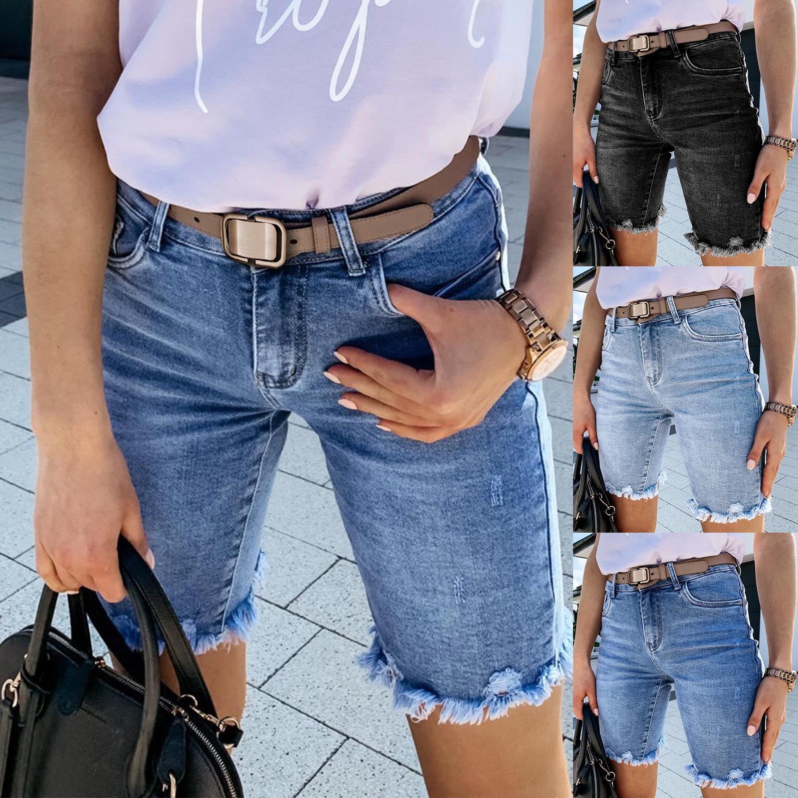 Taqqpue Jean Shorts For Womens Casual High Waist Hem Ripped Denim Shorts Folded Hem Stretch Jeans Shorts Summer Casual Hot Short Jeans Y2k Trendy Shorts