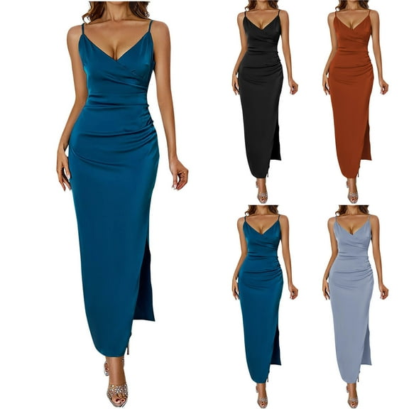 Hrsba Womens Summer Short Sleeve Dress,Plus Size Casual Dress for Womens,Fashion Women Solid Color V-neck Suspenders Backless Waist Hidden Zipper Vent Dress