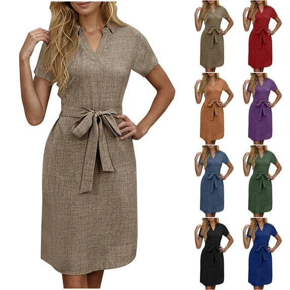 Hrsba Womens Summer Short Sleeve Dress,Plus Size Casual Dress for Womens,Ladies Fashion Casual Solid Color V-neck Solid Color Short-sleeved Bow Belt Dress