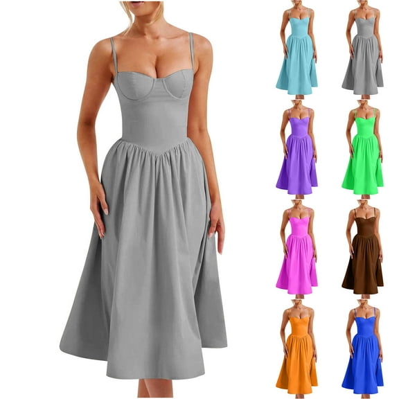 Hrsba Womens Summer Short Sleeve Dress,Plus Size Casual Dress for Womens,Slim Fitting Solid Color Strap Pleated Mid Length-neck Dress With Straps