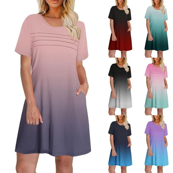 Hrsba Womens Summer Short Sleeve Dress,Plus Size Casual Dress for Womens,Women's Summer Gradient Print Short Sleeve Round Neck Front Pleated Dress With Pocket
