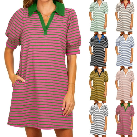 Hrsba Womens Summer Short Sleeve Dress,Plus Size Casual Dress for Womens,Women's Summer Lapel Collared V Neck Striped Dress Casual Short Sleeve Dresses