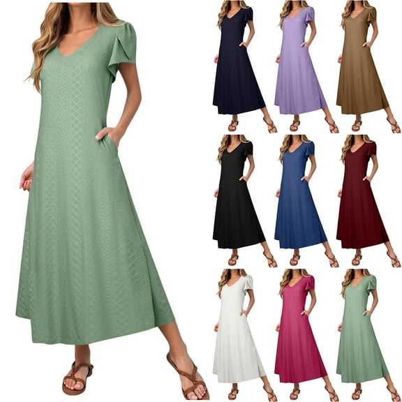 Hrsba Womens Summer Short Sleeve Dress,Plus Size Casual Dress for Womens,Women's Summer Sexy Fashion Solid Color Pocket Ruffle Short Sleeve V-Neck Dress