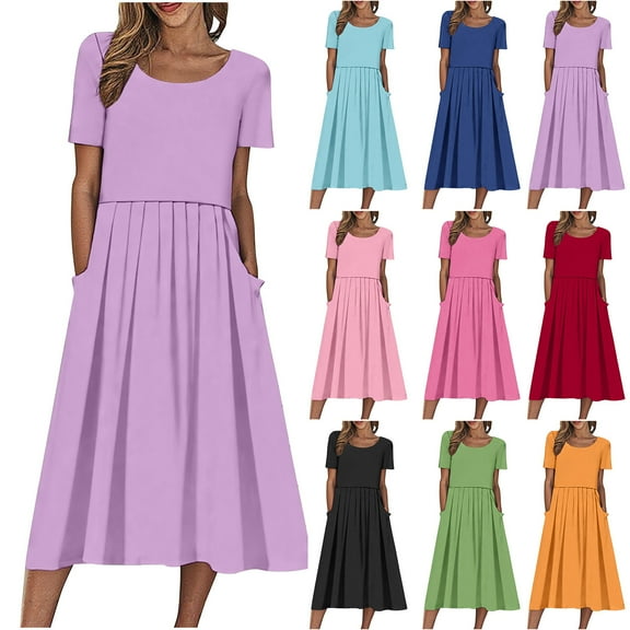 Hrsba Womens Summer Short Sleeve Dress,Plus Size Casual Dress for Womens,Women's Vacation Casual Party Daily Folded Round Neck Solid Short Sleeve Dresses With Pocket