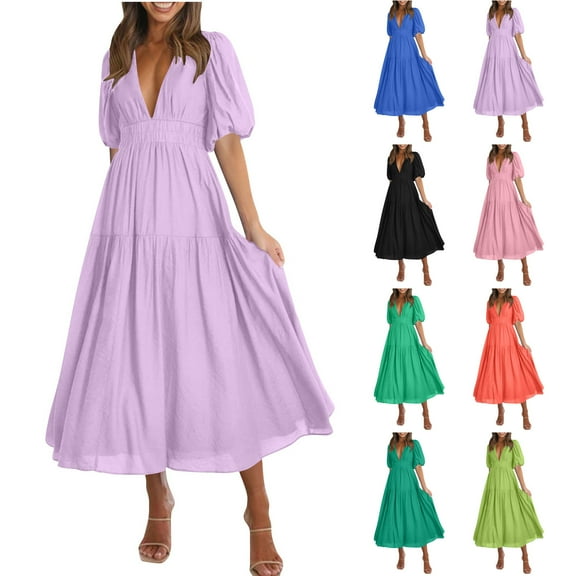 Hrsba Womens Summer Short Sleeve Dress,Plus Size Casual Dress for Womens,Ladies Casual Fashion Puff Sleeve V-Neck Long Dress
