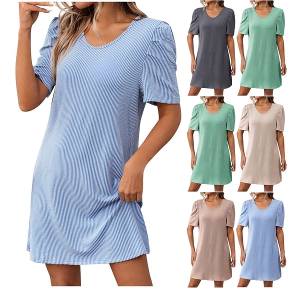 Hrsba Womens Summer Short Sleeve Dress,Plus Size Casual Dress for Womens,Women's Casual Stripe Summer Short Sleeve Round-Neck Dress