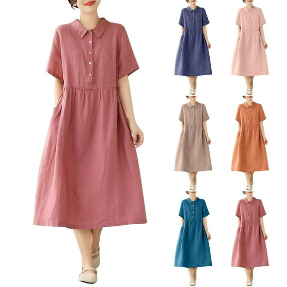 Hrsba Womens Summer Short Sleeve Dress,Plus Size Casual Dress for Womens,Women's Summer Casual Turn-down Collar Solid Short Sleeve Dresses