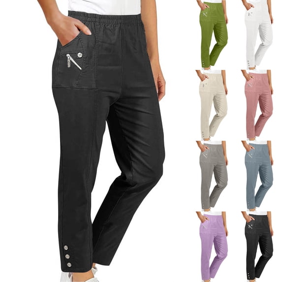 Hrsba Womens Summer Shorts,Casual Plus Size Pants for Womens,Fashion Women's Solid Color Stretch Waist Strap Pocket Zipper Pants Long Pants