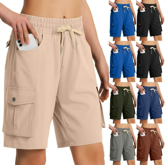 Hrsba Womens Summer Shorts,Casual Plus Size Pants for Womens,Women's Fashion Solid Color Pockets Elastic Waist Button Bandage Long Pants