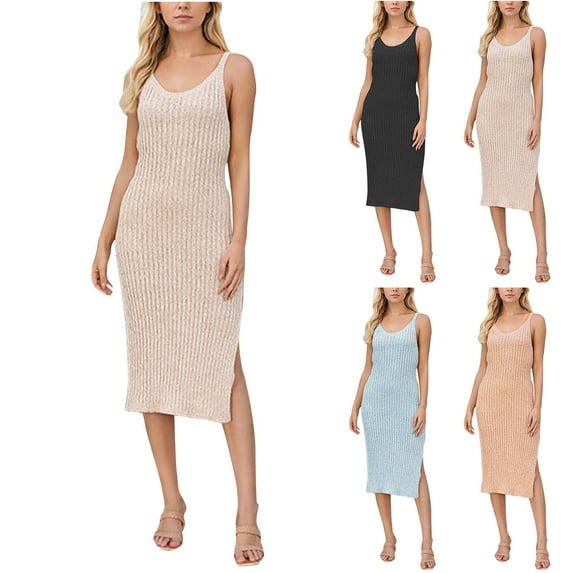 Hrsba Womens Summer Sleeveless Dress,Plus Size Casual Dress for Womens,Fashion Women Solid Color Round Neck Sleeveless Suspenders Tight Fitting Vent Knit Dress