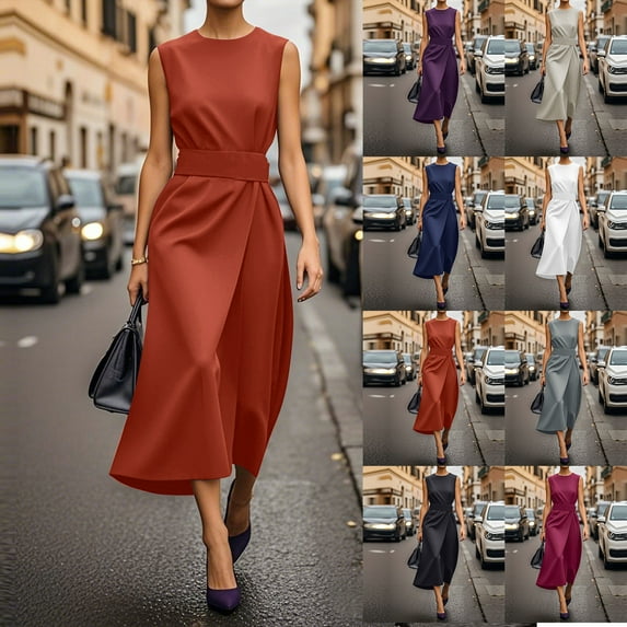 Hrsba Womens Summer Sleeveless Dress,Plus Size Casual Dress for Womens,Women Casual Long Dress Sleeveless Solid Color Round Neck Slit Bandage Mid-Calf Dresses