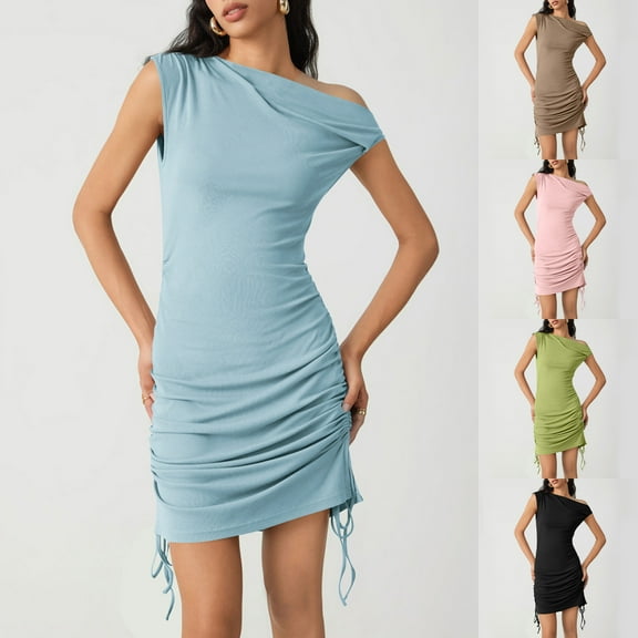 Hrsba Womens Summer Sleeveless Dress,Plus Size Casual Dress for Womens,Women's Round Neck Short Sleeve Mini Dress Color Drawstring Pleated Dress