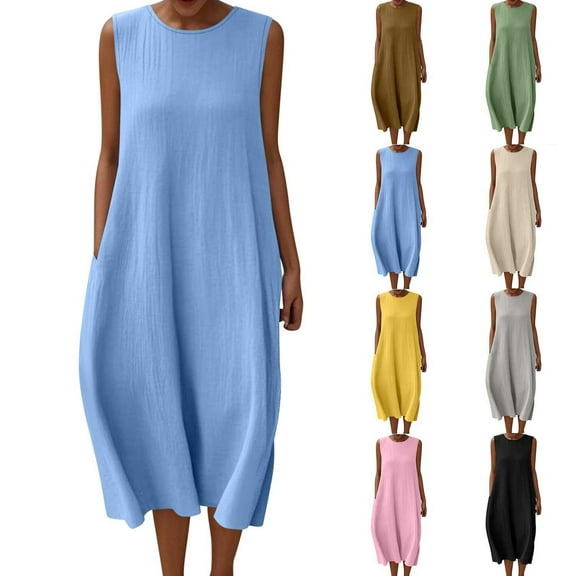 Hrsba Womens Summer Sleeveless Dress,Plus Size Casual Dress for Womens,Women's Solid Sleeveless Round Neck Cotton Cotton And Linen Pocket Wrap Maxi Dress