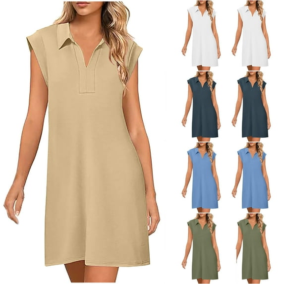 Hrsba Womens Summer Sleeveless Dress,Plus Size Casual Dress for Womens,Women's Fashion Summer Solid Color Sleeveless Lapel Casual Dress
