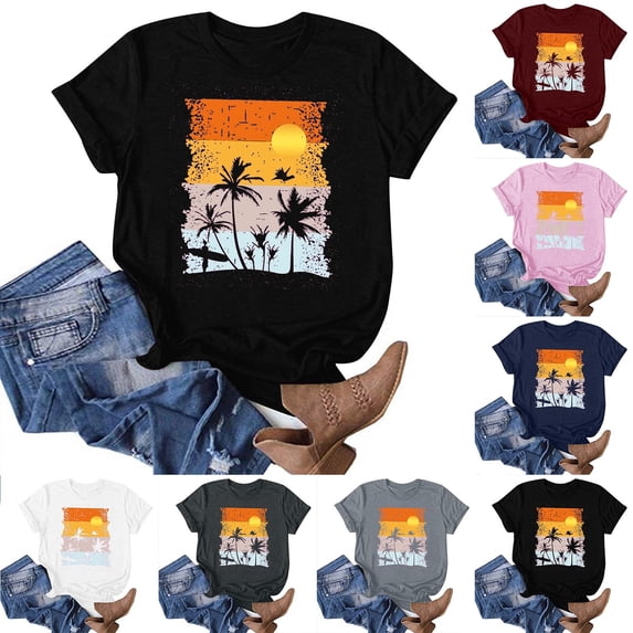 Hrsba Womens Summer Tees Beach Print T Shirts Crew Neck Short Sleeve Tops Casual Fashion Graphic Tee Shirts Vacation Style