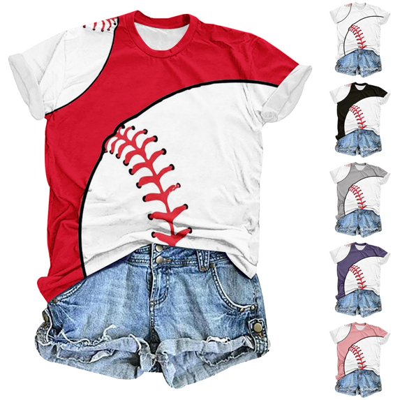 Hrsba Fashion Tops for Women Baseball Crew Neck Short Sleeve Casual Tops