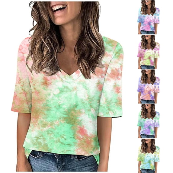 Hrsba Womens Summer Tops Floral Print Half Sleeve V Neck Shirt Loose Casual Ladies Tee Comfortable Soft Blouse Daily Wear
