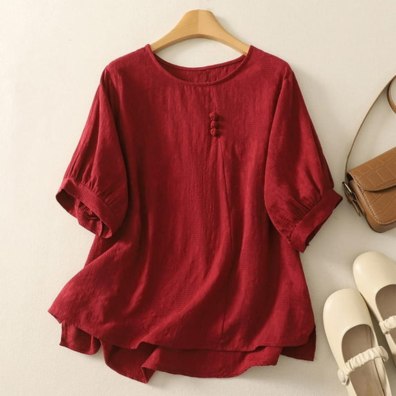 Hrsba Womens Summer Tops,Ladies Casual Embroidered Textured Linen Button Short Sleeve Crewneck Blouses