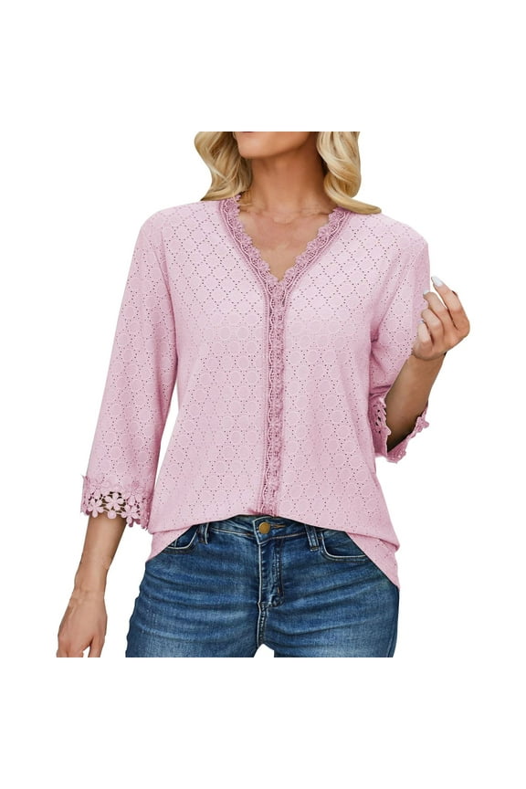 Womens Summer Tops Solid Color V Neck 3/4 Length Sleeve Top With Lace Splicing Soft Lightweight Loose Casual Tops For Women
