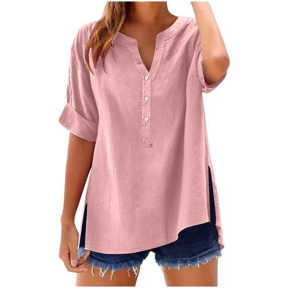 Hrsba Womens Summer Tops, V Neck Short Sleeve Linen Like Pullover Button Hem Split Solid Color Fashion Tees Breathable Lightweight