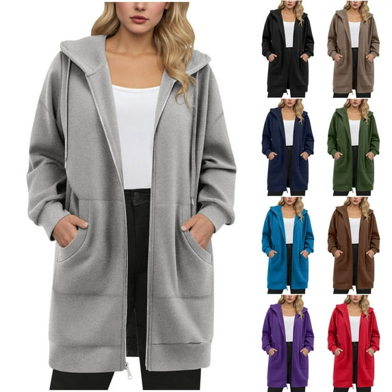 Hrsba Womens Sweatshirts Coat Long Sleeve Hooded Blouse Sweatshirt for Womens Solid Color with Drawstring and Pockets Casual Winter Pullover Top