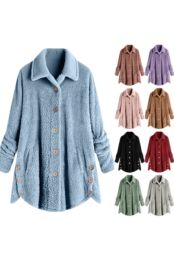 Womens Sweatshirts Coat Long Sleeved Solid Color Lapel Buttoned Warm Fleece Jacket With Pockets