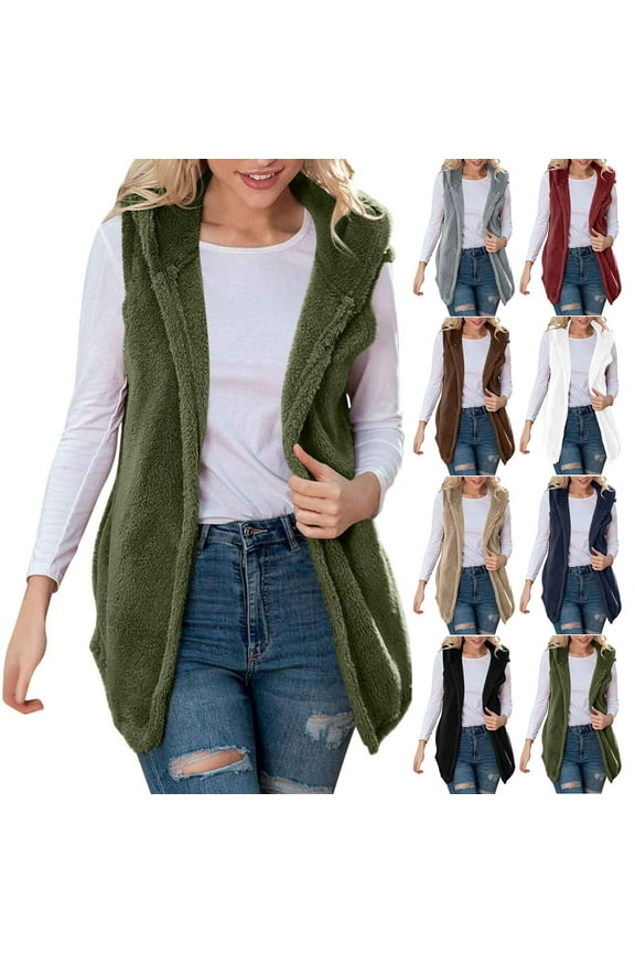 Womens Sweatshirts Coat Sleeveless Hooded Fleece Lined With Pocket Solid Color Loose Jacket for Winter Fall