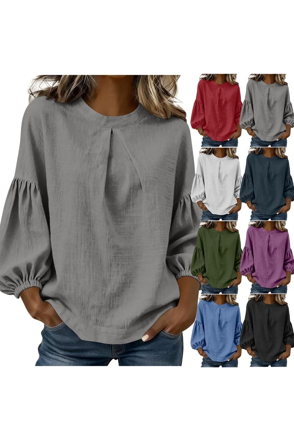 Womens Blouses Linen Blend Fabric Lapel Collar Bubble Ruched 3/4 Sleeve Loose Summer Blouses