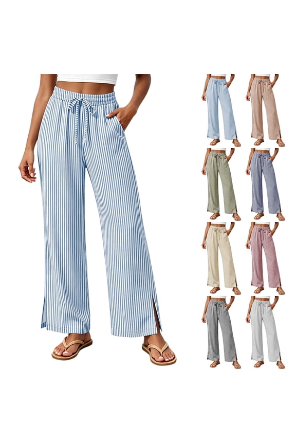 Womens Wide Leg Long Pants High Waisted Striped Print Drawstring Elastic Waist Split Cuff Dual Side Pocket Pants
