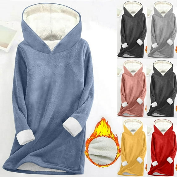Hrsba Womens Winter Long Sleeve Hooded Top Solid Color Plus Size Loose Thick Fleece Lined Thermal Base Layer Shirt Pullover