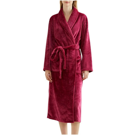 Hrsba Womens Winter Robes,Mens And Womens Pajama Sets Solid Color Fuzzy Flannel Robe Thickened Collar With Pocket Extended Length Belted Bathrobe