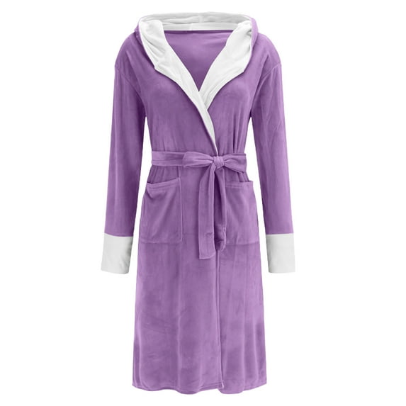 Hrsba Womens Winter Robes,Sleepwear for Women Solid Color Fleece Long Length Robe with Belt and Pockets Home Loungewear