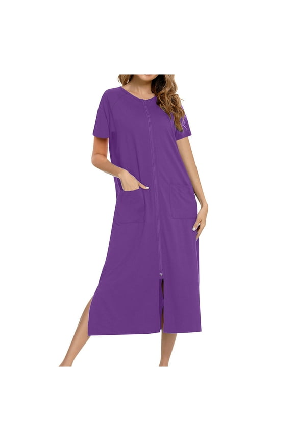 Robes for Women,Sleepwear for Women Solid Color Loose Pajama Robe with Zip Pockets Short Sleeve Drop Shoulders Home Sleep Dress