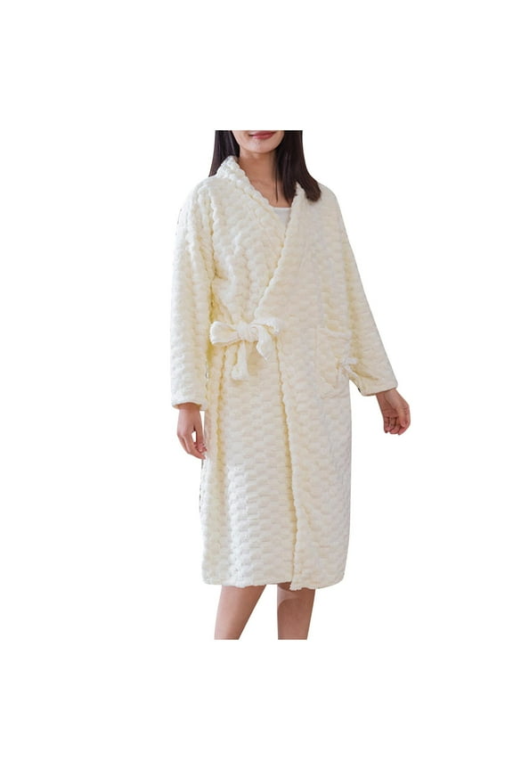 Robes for Women,Women's Sleepwear Solid Color Fleece Robe Long Length Thick Warm Loose Winter Home Loungewear with Cloud Check