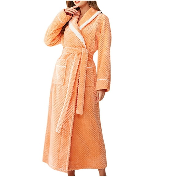 Hrsba Womens Winter Robes,Women's Sleepwear Thickened Flannel Beibei Fleece Paneled Pineapple Check Robe Extended Length Pajama Bathrobe