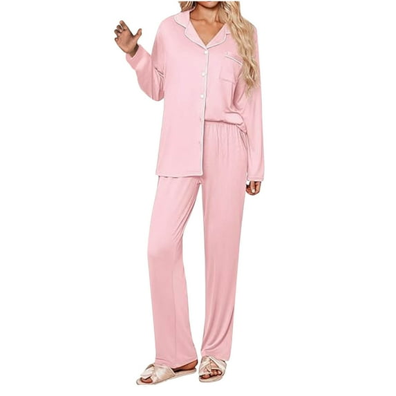 Hrsba 2 Piece Lounge Set Women,2 Piece Pajama Set for Women V Neck Solid Color Button Front Long Sleeve Top with Elastic Waist Pants Home Sleepwear