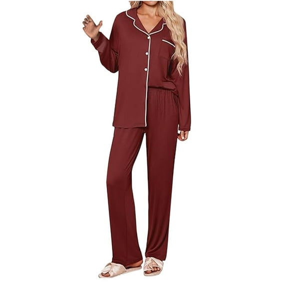 Hrsba 2 Piece Lounge Set Women,2 Piece Pajama Set for Women V Neck Solid Color Button Front Long Sleeve Top with Elastic Waist Pants Home Sleepwear