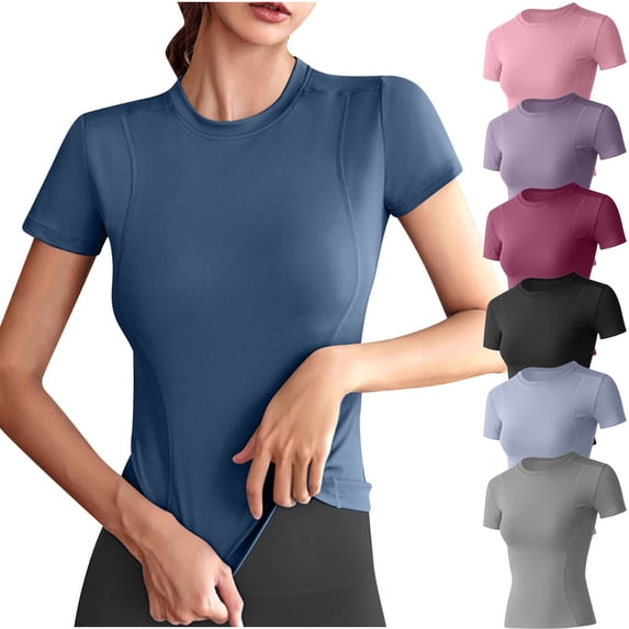 Hrsba Womens Yoga Tops Summer Solid Color Workout Tank Crew Neck Short Sleeve Active Wear Gym Fitness Sporty Basic Tee Shirts