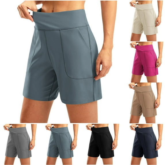 Hrsba High Waisted Wide Leg 5 Inch Length Yoga Shorts with Pockets for Women Solid Color Stretchy Breathable Summer Exercise Workout Active Wear Bottoms