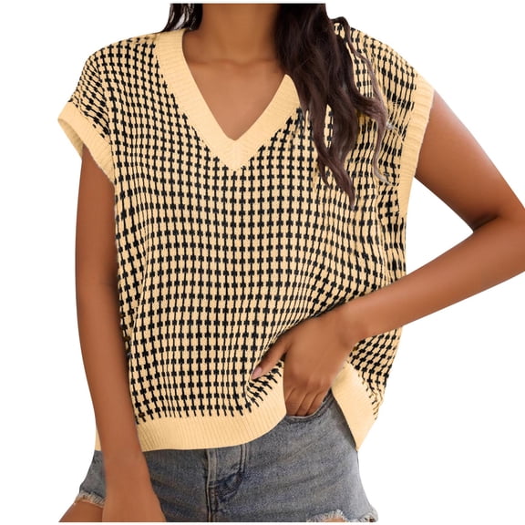 Hrsba Women's V Neck Pullover for Fall Winter,Sweaters for Women Color Block Sleeveless V Neck Pullover Knit Sweater Upper Garment