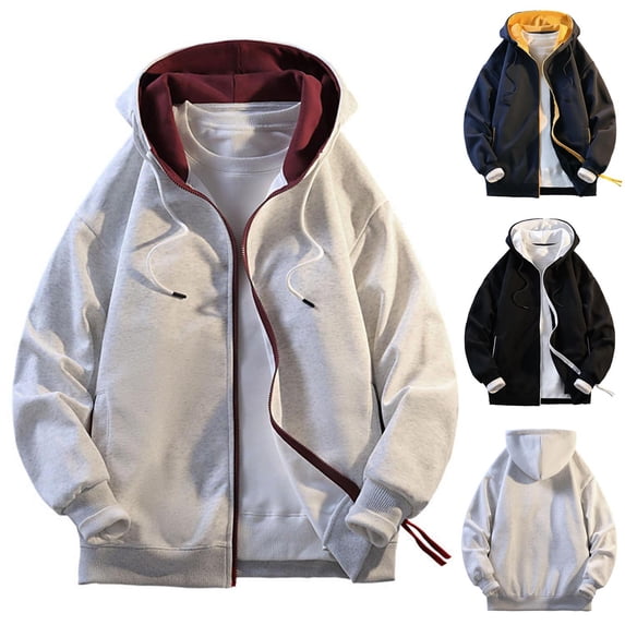 Hrsba Zip Up Jacket Men Solid Color Color Block Hooded Sweatshirt Long Sleeve Zipper Pocket Casual Outerwear
