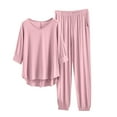 thumbnail image 1 of Hrsba Women's Pajama Set Solid Color 5-Sleeve V Neck Top with Side Pockets Elastic Waist Loose Pants 2-Piece Sleepwear, 1 of 5