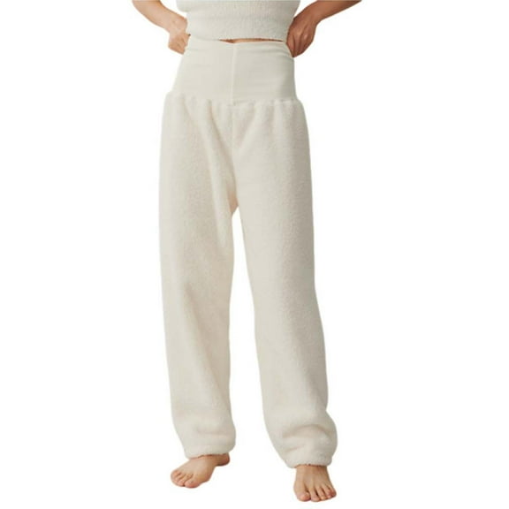 Hrsba Women's Sleep Pants Fleece High Waist Warm Winter Thickened Outer Wearable Sleepwear Pants