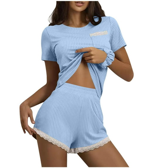 Hrsba Women's Pajama Set Sleeveless Round Neck Lace Ribbed Tank Top with Short Pants Solid Color Elastic