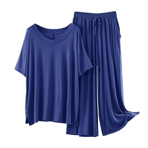 Hrsba Pajama Set for Women 2 Piece Short Sleeve V Neck Top with Wide Leg Pants Solid Color