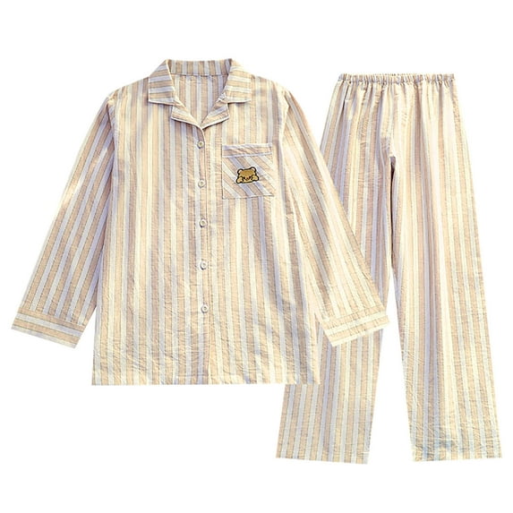 Hrsba Women's Pajama Set Stripe Bear Fabric Lightweight Collar Cardigan Long Sleeve Shirt Indoor Soft Pajama Pants Pants Sleepwear