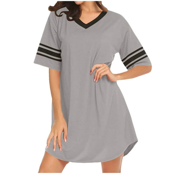 Hrsba Women Nightgown Short Sleeve Loose V Neck Color Short Sleepwear Dress Women's Sleepwear