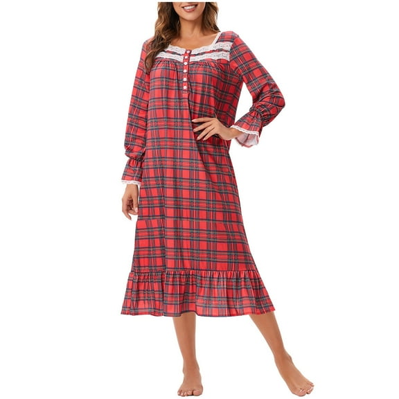 Hrsba pajamas Sets For Women,womens oajamas,Women's Pajama Sets Pajamas For Women Set pajamas Sets For Women Plaid Long Sleeve Lace Button Front Square Neck Sleep Dress Comfortable Loungewear