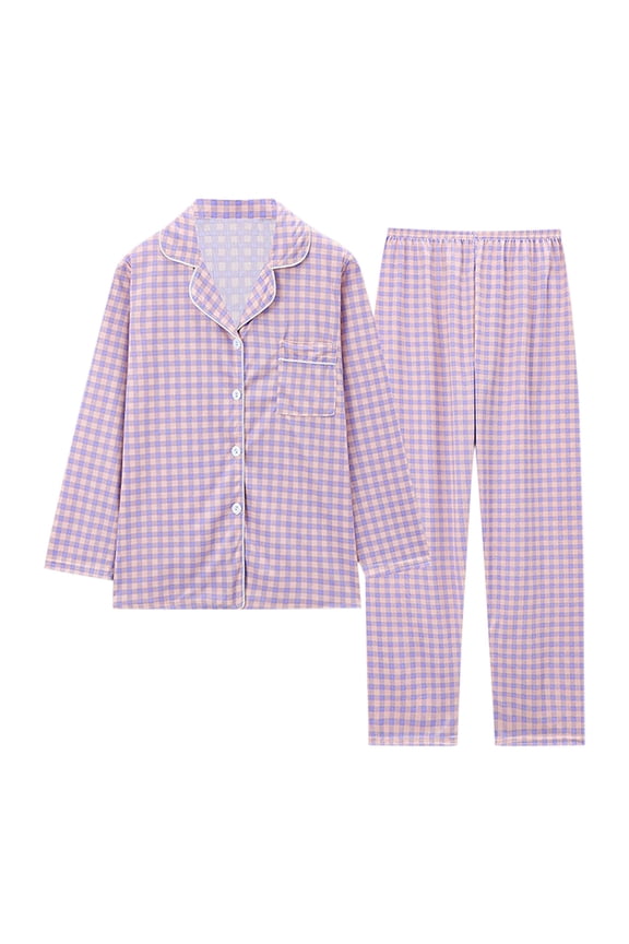 Pajama Set for Women Long Sleeve Collared Cardigan Top Long Pants Print Button