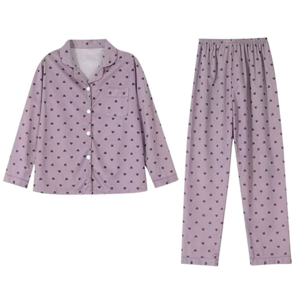 Hrsba Ladies Pajamas Long Sleeve Collared Cardigan Top with Long Pants Print and Button